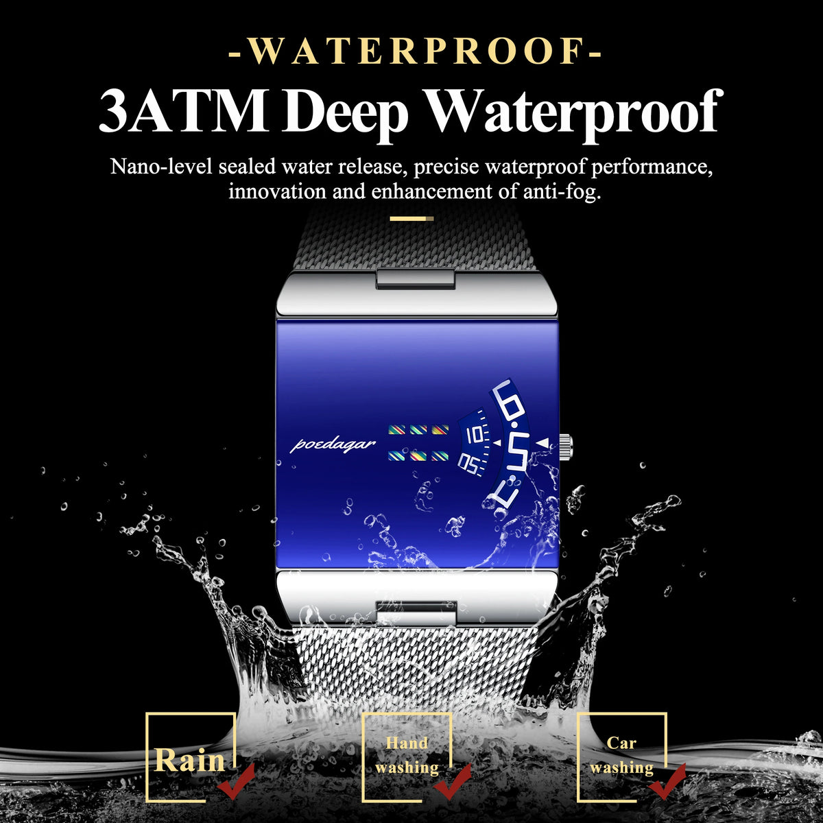 Poedagar 857 Luxury Men's Watch Square Stainless Steel Mesh Strap Quartz Watch Montre Homme Waterproof Wristwatch for Men