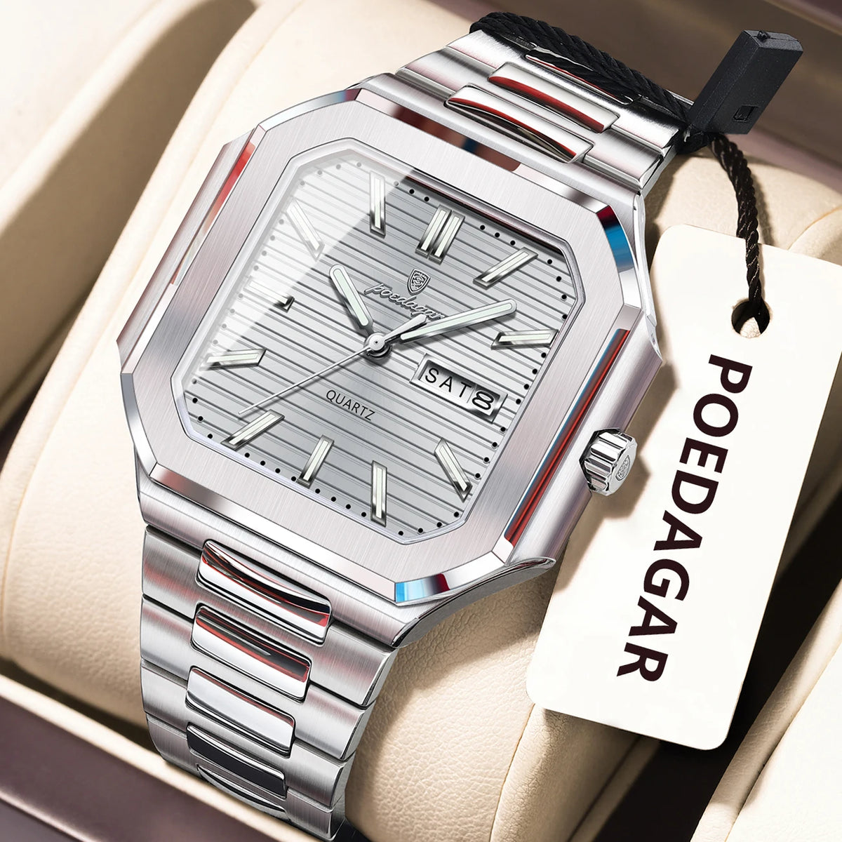 Poedagar 672 Men's Watch Luxury Business Stainless Steel Quartz Wristwatch Square Case Waterproof Luminous DateWatch for Men