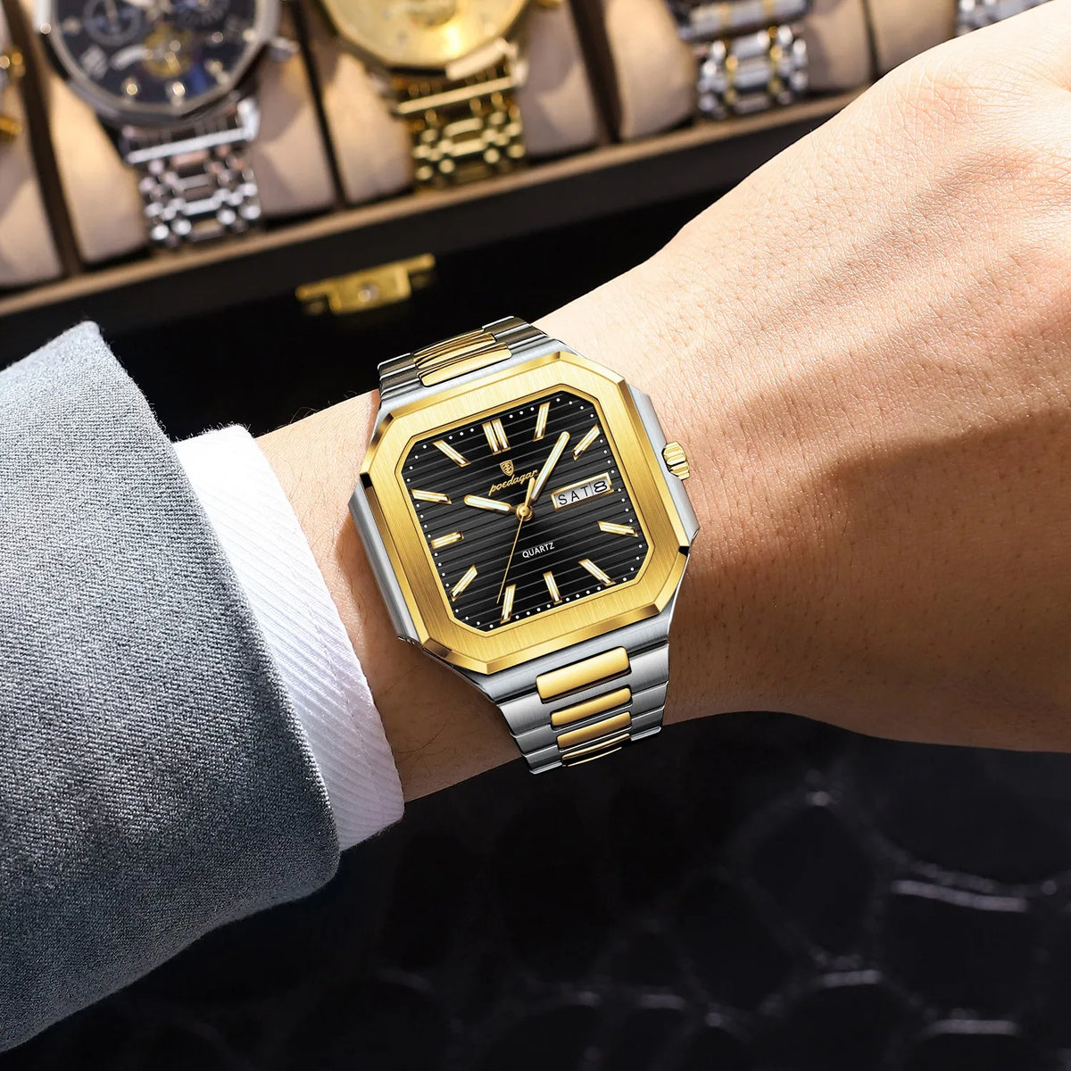 Men's Watch Luxury Poedagar 672 Square Case Stainless Steel Bracelet Quartz Watches Reloj Date Luminous Waterproof Watch for Men