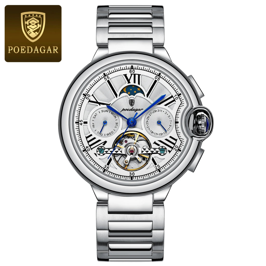 Poedagar Luxury Hollow Tourbillon Automatic Mechanical Watch Waterproof Luminous Stainless Steel Watch for Men