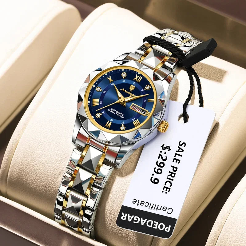 POEDAGAR Luxury Diamond Stainless Steel Montre Femme Waterproof Luminous Quartz Watches Week Date Ladies Watch