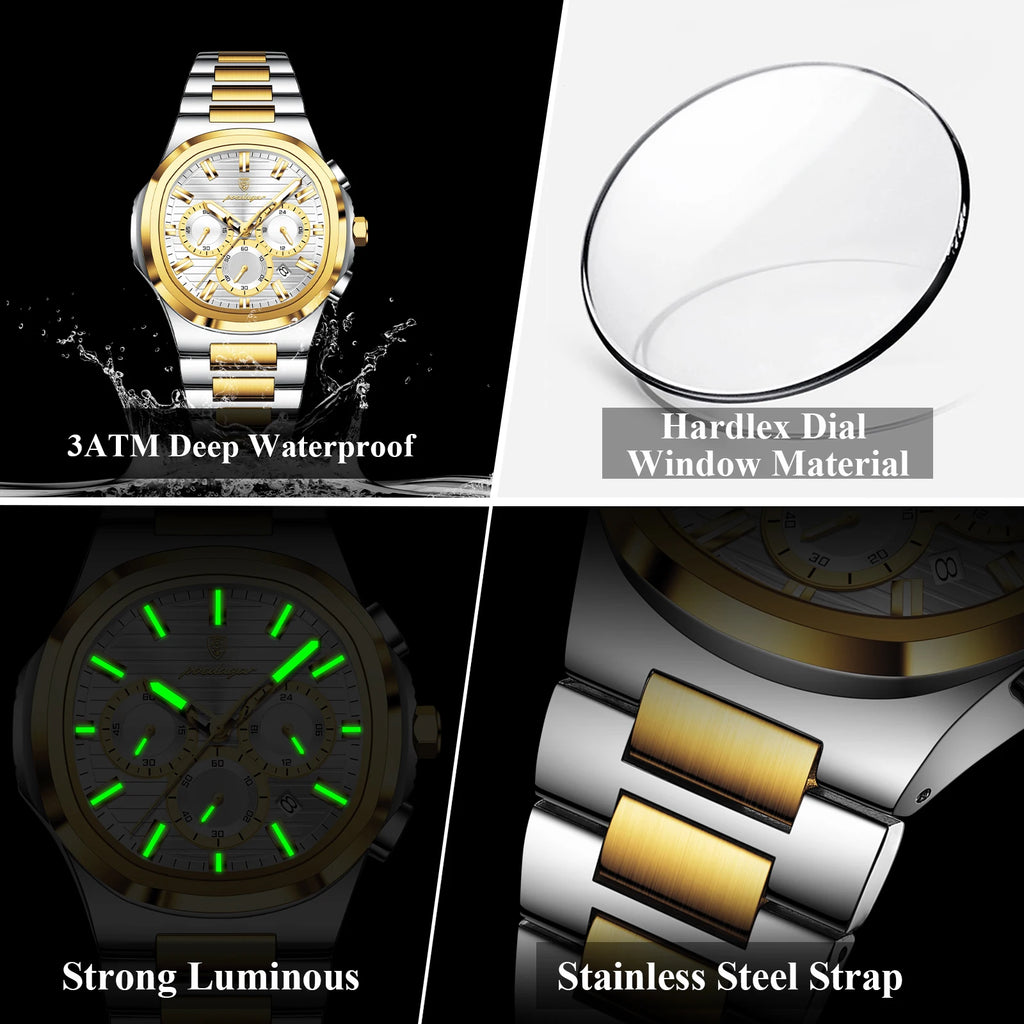 Poedagar 834 Luxury Men Watch Two-Tone Chronograph Quartz Wristwatch Business Sport Luminous Waterproof Original Men's Watch