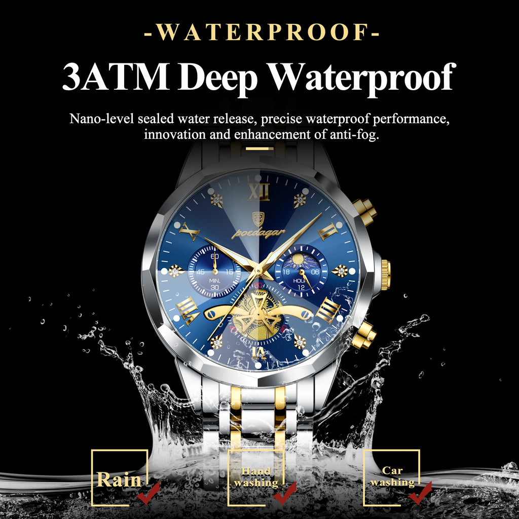 Poedagar 938 Men's Luxury Stainless Steel Chronograph Quartz Watch Waterproof Luminous with 42mm Alloy Dial Watch for Men