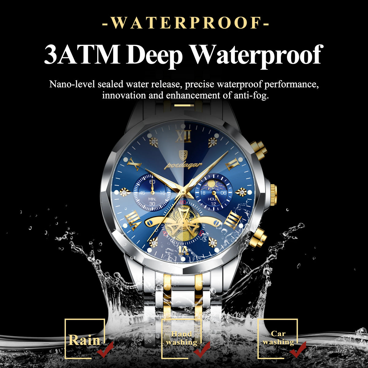 Poedagar 938 Men's Luxury Stainless Steel Chronograph Quartz Watch Waterproof Luminous with 42mm Alloy Dial Watch for Men