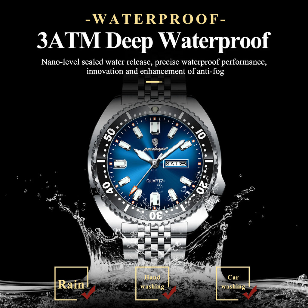 Poedagar 682 Business Casual Men Watch Rotating Bezel Date Day Luminous Waterproof Stainless Steel Quartz Wristwatch Montre