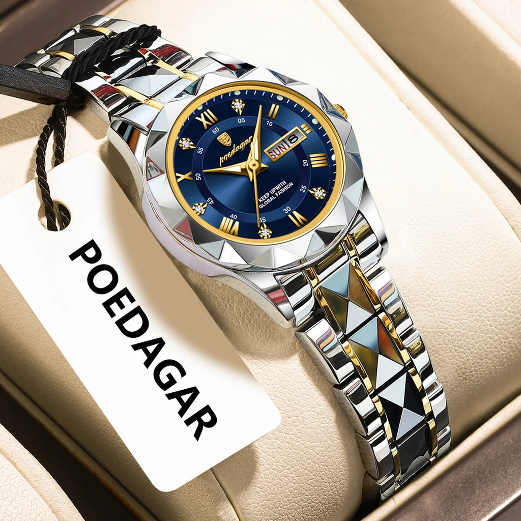 POEDAGAR Luxury Diamond Stainless Steel Montre Femme Waterproof Luminous Quartz Watches Week Date Ladies Watch