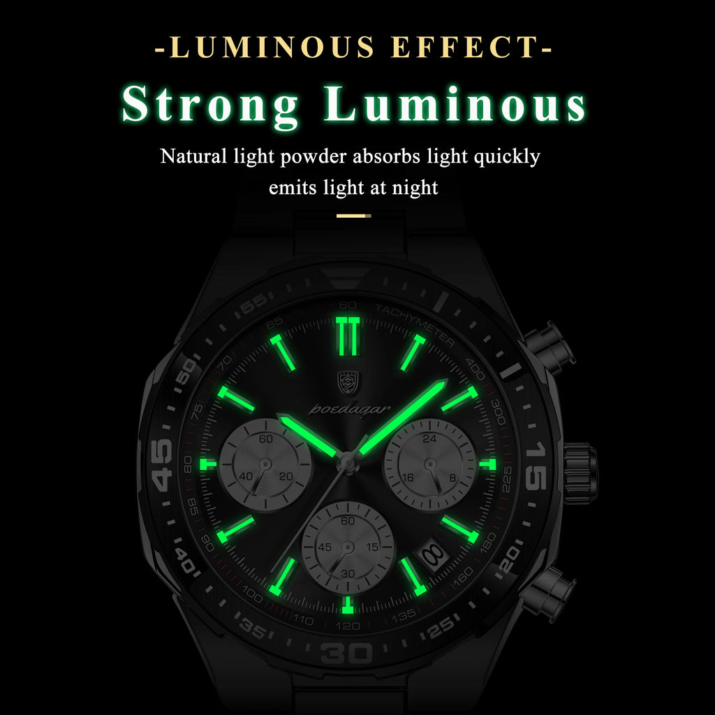 Poedagar 697 Men's Quartz Watch Business Casual Luminous Chronograph Waterproof Wristwatch Stainless Steel Strap Reloj Hombre