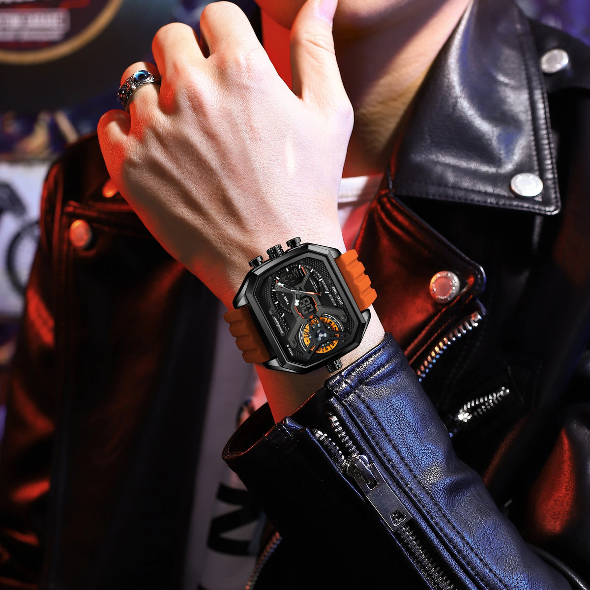 Poedagar E106 Mens Watches Silicone Strap Multifunctional Chronograph Relojes Waterproof Luminous Quartz Digital Watch for Men