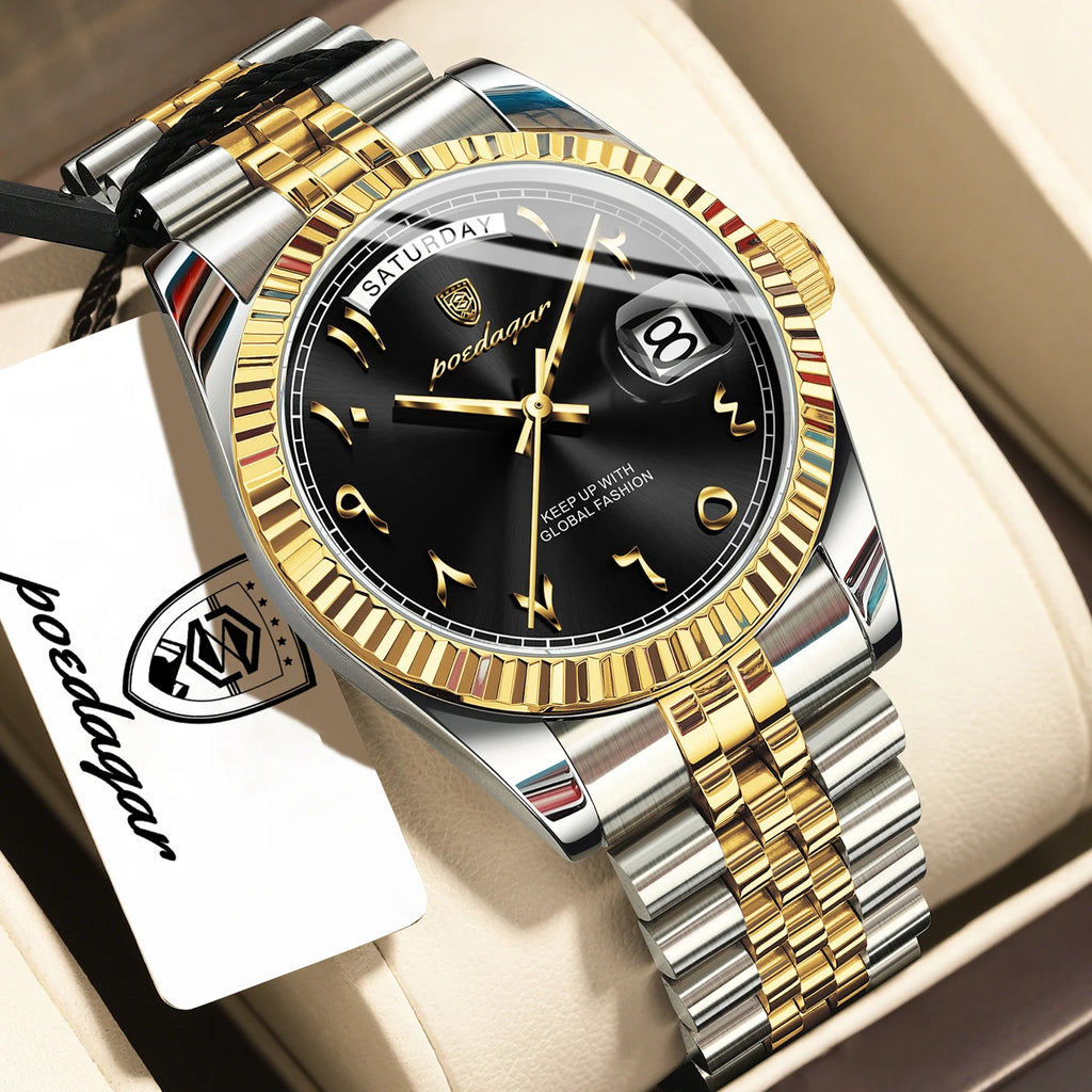 Poedagar 845 Arabic Dial Classic Design Men Watches Stainless Steel Band Waterproof Luxury Quartz Wristwatch Watch for Man