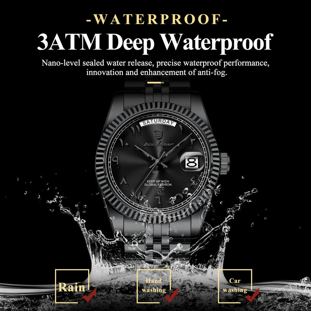 POEDAGAR 845 Montre Homme Luxe Noir Stainless Steel Waterproof Quartz Watch Date Day Business Wristwatch
