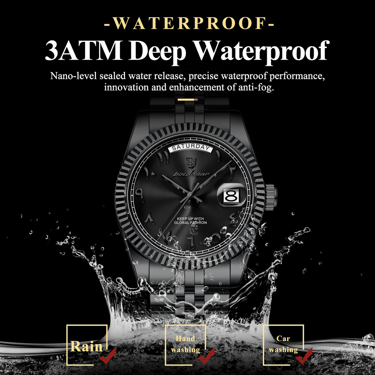 POEDAGAR 845 Montre Homme Luxe Noir Stainless Steel Waterproof Quartz Watch Date Day Business Wristwatch
