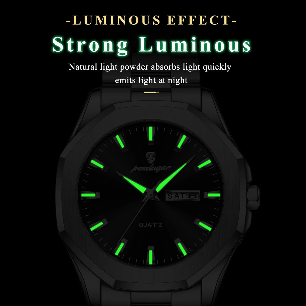 Poedagar 875 Luxury Mens Watch Business Octagonal Case Stainless Steel Quartz Watch Reloj Luminous Waterproof Wristwatch for Men
