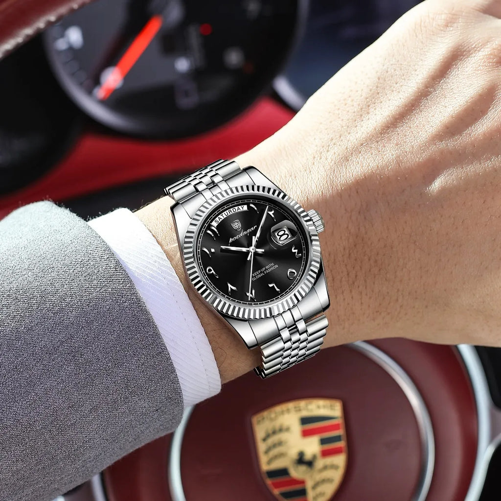 Poedagar 845 Luxury Mens Watch Arabic Dial Stainless Steel Waterproof Date Day Business Quartz Wristwatch Montre Homme