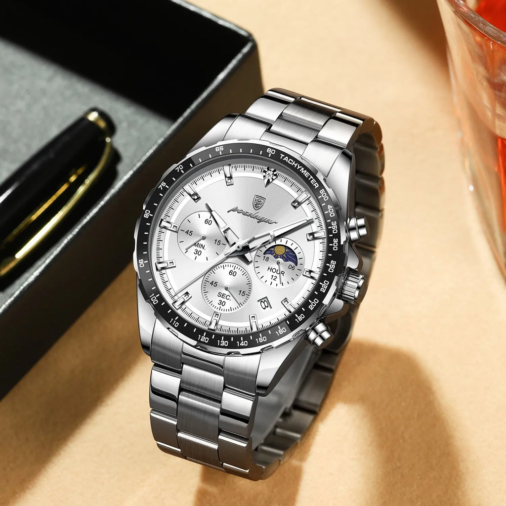 Poedagar 879 Men's Chronograph Watch Luxury Original Waterproof Luminous Quartz Stainless Steel Watches for Men Montre Homme