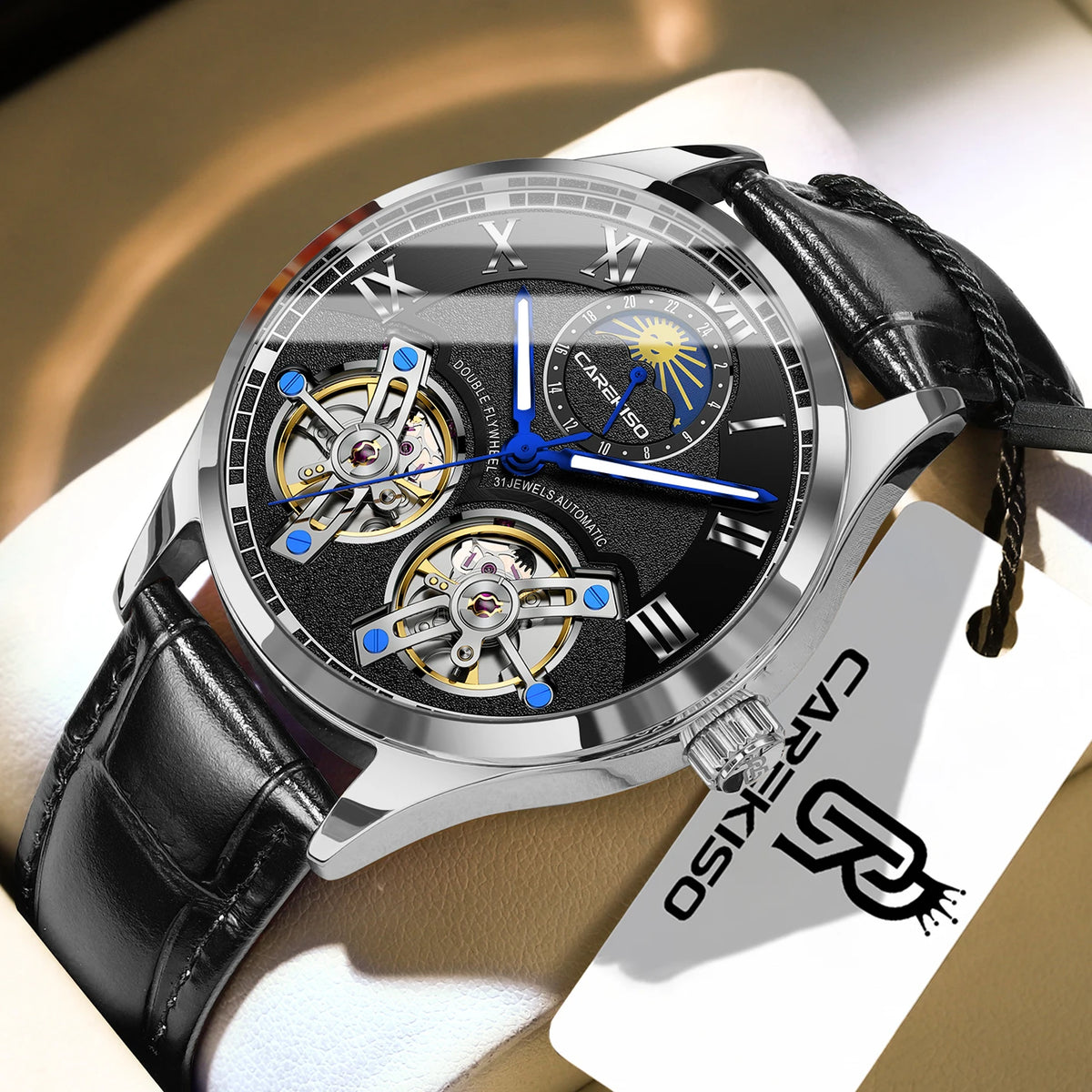 CAREKISO C123 Men Automatic Mechanical Watch Luxury Sport Leather Strap Waterproof Luminous Wristwatch