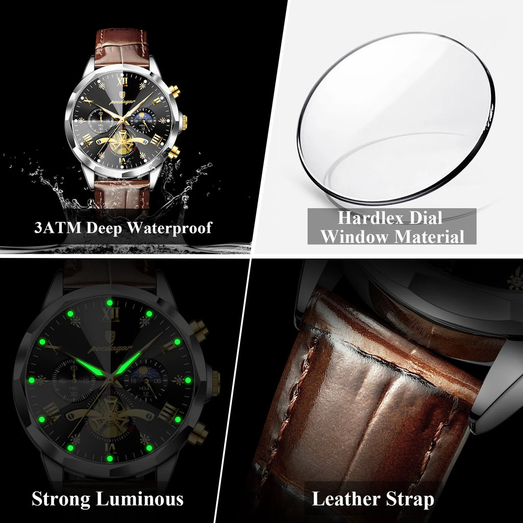 Poedagar 938 Men's Quartz Watches Luxury Leather Strap Waterproof Quartz Watch Reloj Hombre Luminous Chronograph Watch for Men