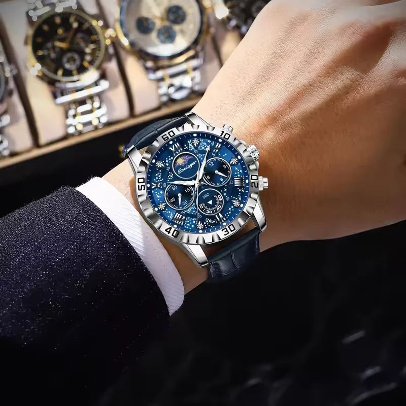 Poedagar High Quality Leather Luxury Mens Watch Waterproof Luminous Quartz Watches Chronograph Watch for Men