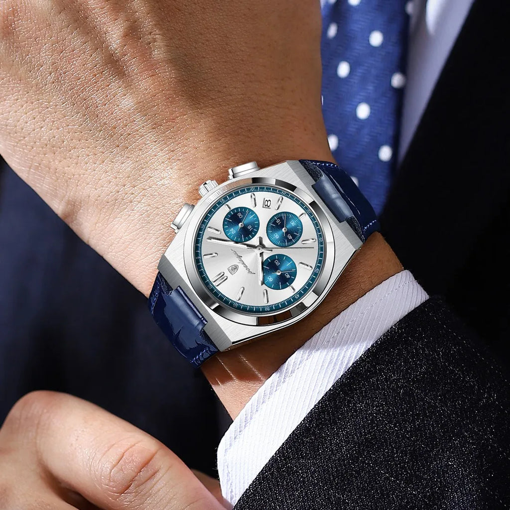 Poedagar 970 Mens Luxury Watch Leather Strap Luminous Quartz Wristwatch Montre Homme Casual Chronograph Waterproof Watch for Men