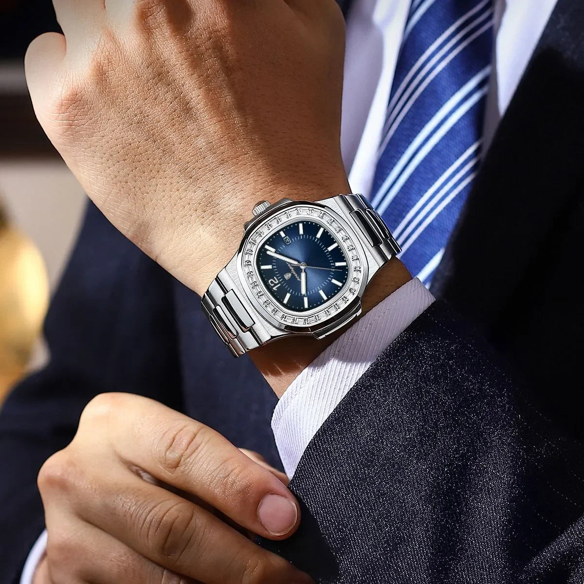 Poedagar Luxury Men Quartz Watch Fashion Square Reloj Waterproof Luminous Date Stainless Steel Watch for Men