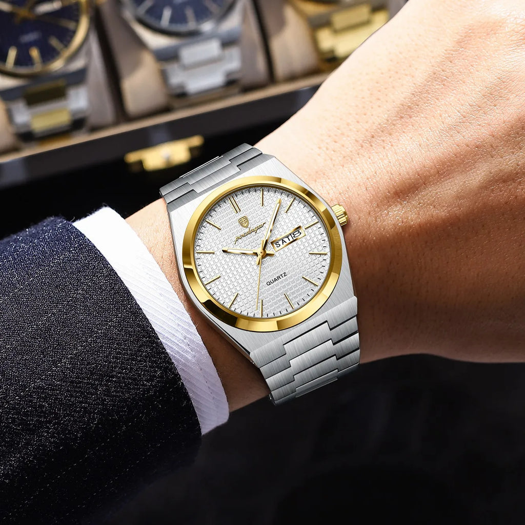 Poedagar 821 Men Watch Business Grid Dial Date Quartz Wristwatch Stainless Steel Luminous Waterproof Watch for Men Ready to Ship