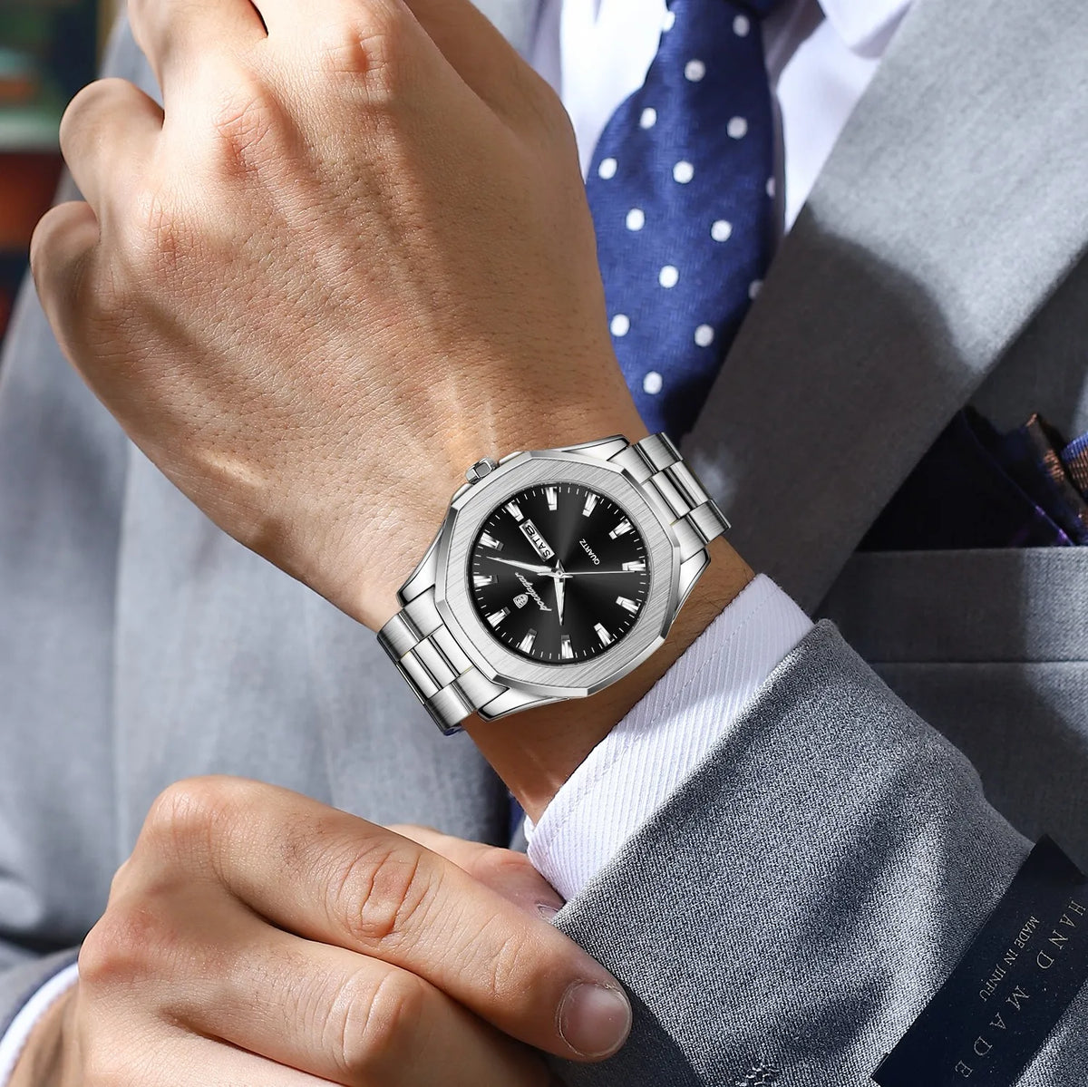 Poedagar 875 Luxury Mens Watch Business Octagonal Case Stainless Steel Quartz Watch Reloj Luminous Waterproof Wristwatch for Men