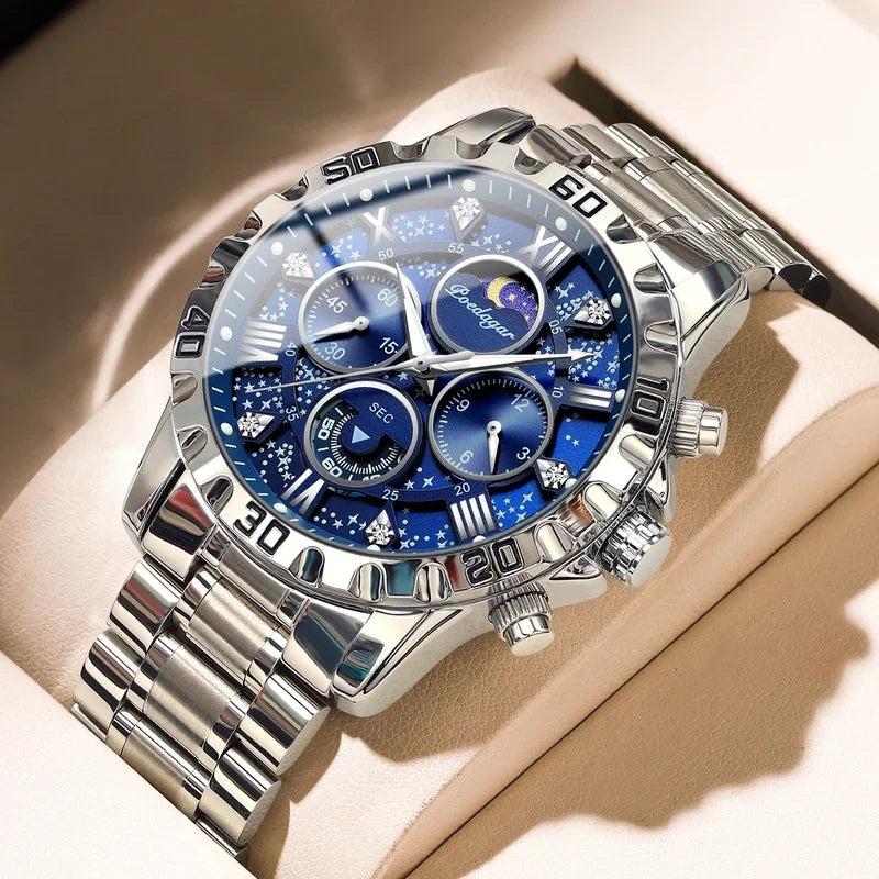 Poedagar New Fashion Mens Watches Stainless Steel Chronograph Quartz Wristwatch Waterproof Luminous Watch for Men