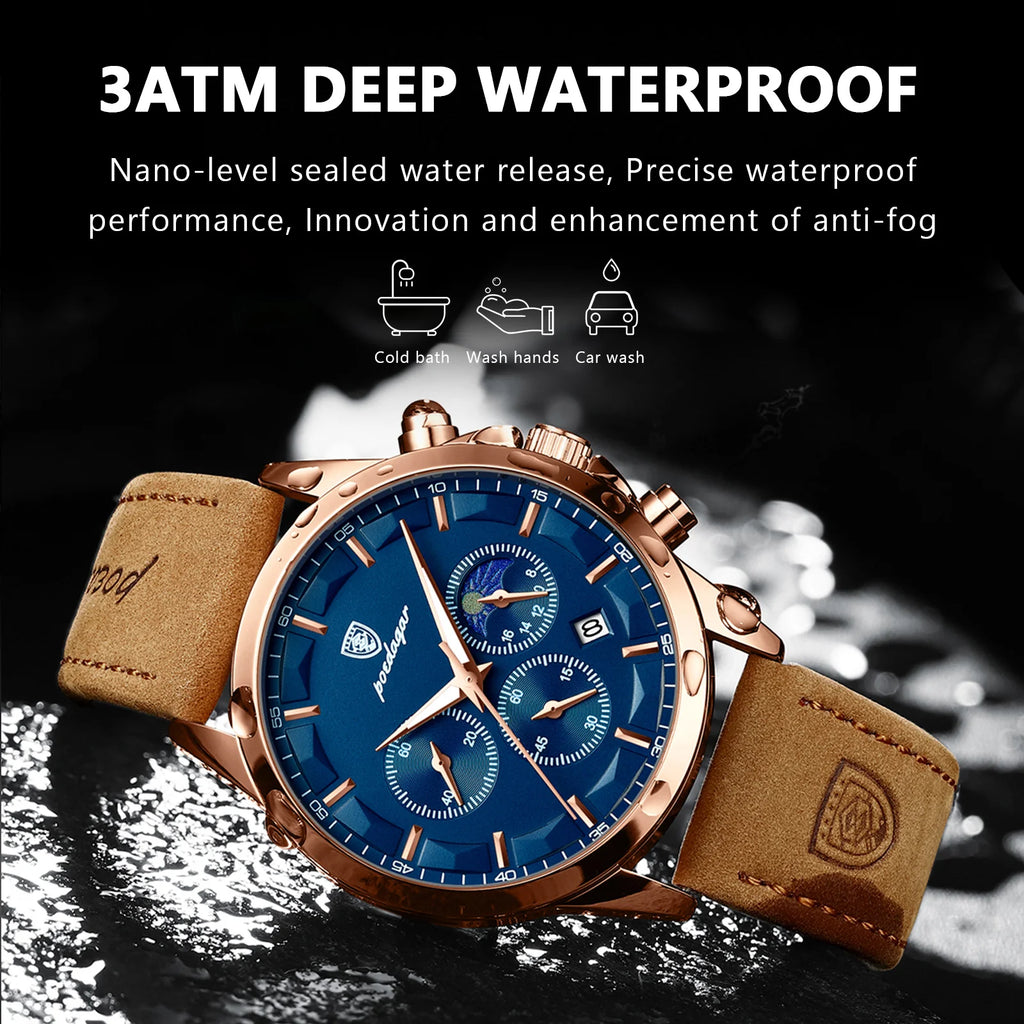 Poedagar Luxury Sports Leather Mens Watch Waterproof Luminous Quartz Watches Chronograph Watches for Men