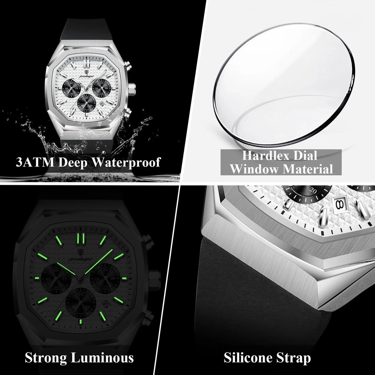 Poedagar 893 New Men's Watches Silicone Strap Wristwatch Waterproof Luminous Chronograph Luxury Sports Quartz Watch for Men