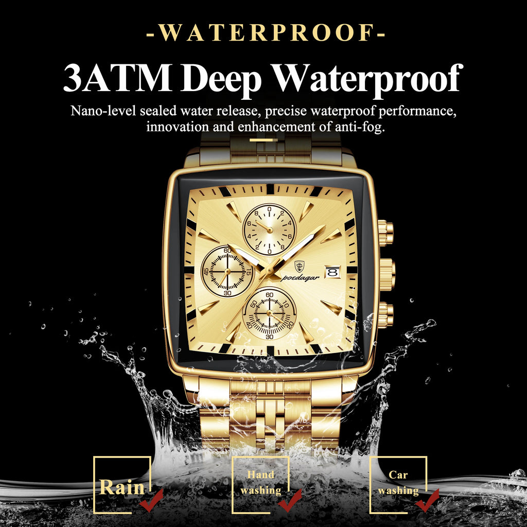 Poedagar 866 Luxury Men Watch All Gold Tone Square Chronograph Stainless Steel Luminous Waterproof Business Montre Wristwatch
