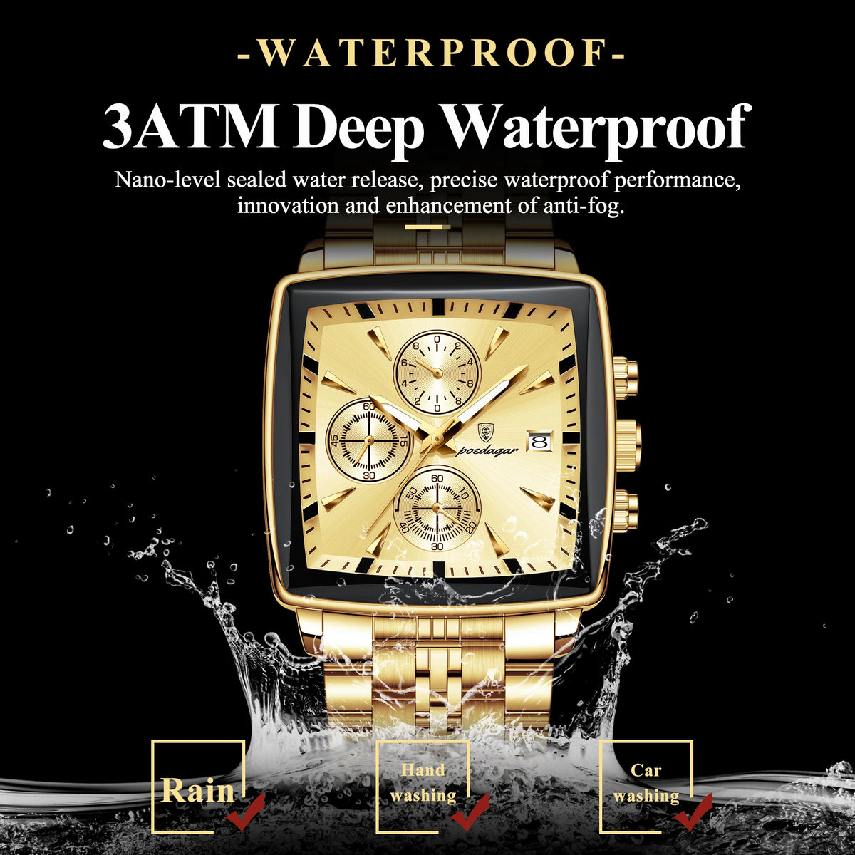 Poedagar 866 Luxury Men Watch All Gold Tone Square Chronograph Stainless Steel Luminous Waterproof Business Montre Wristwatch