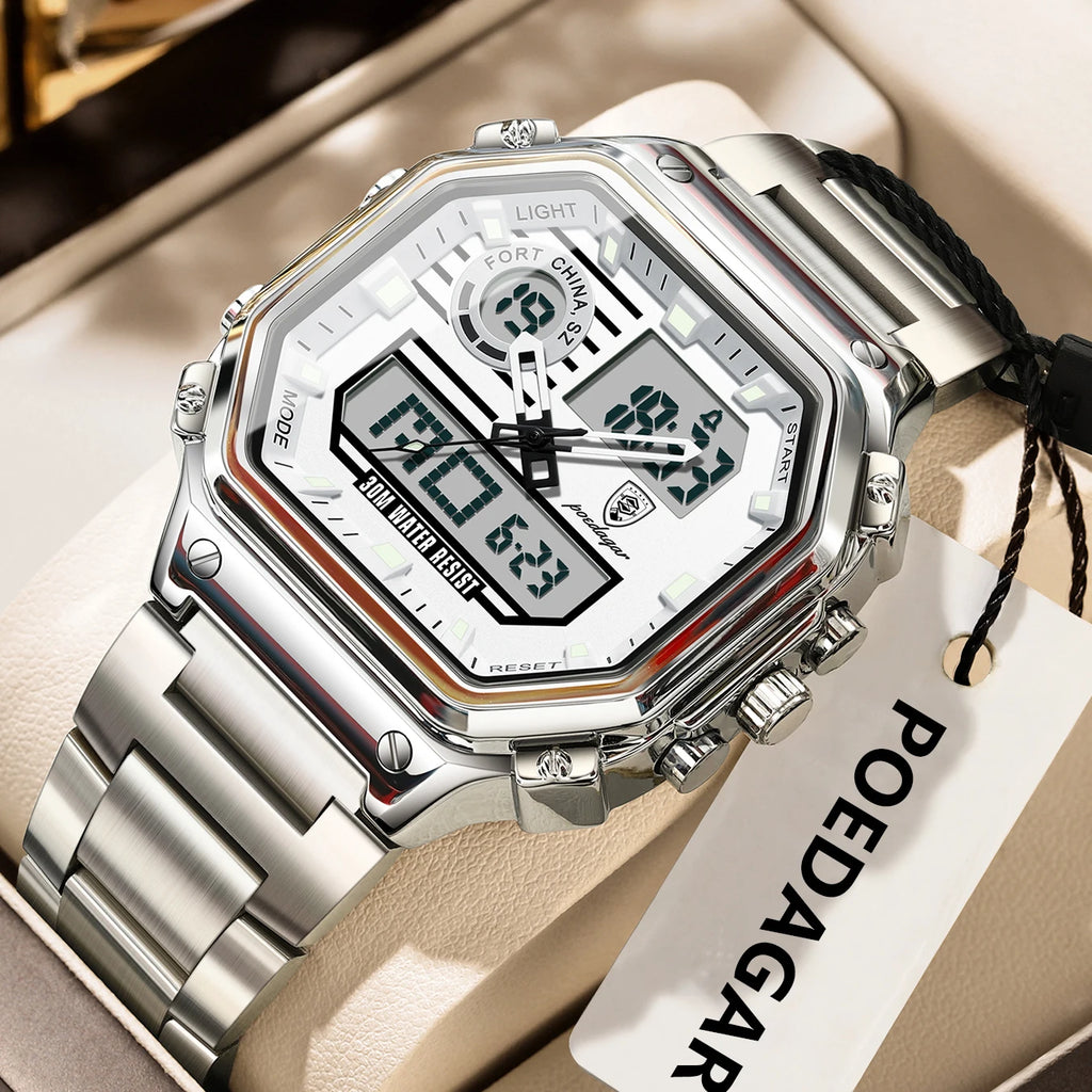 Poedagar 993 Men's Multi-function Watch Dual Display Analog-Digital Quartz Watches LED Night Light Waterproof Watch for Men