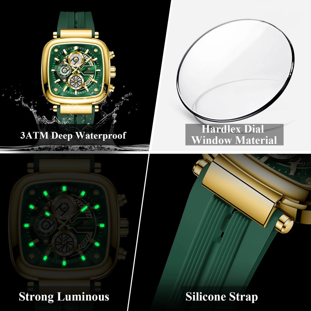 Poedagar 849 Luxury Mens Watch Luminous Waterproof Square Case Chronograph Sport Quartz Wristwatch Silicone Strap Factory Direct