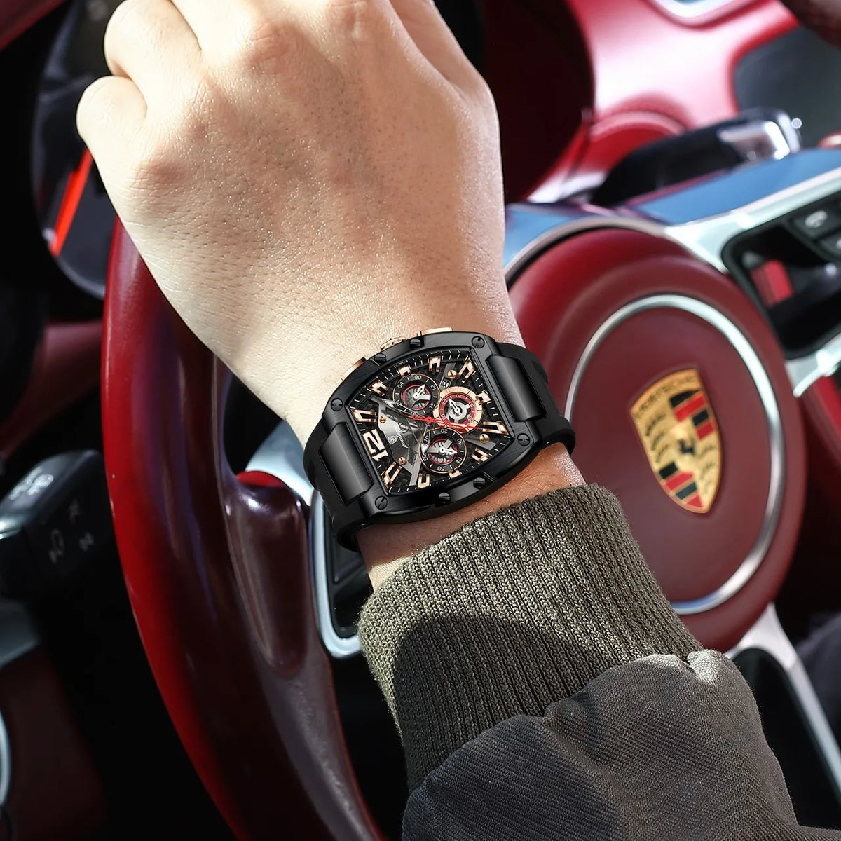 Poedagar 9051 Men's Chronograph Quartz Watches Luxury 43mm Tonneau Case Relogio Silicone Strap Sport Waterproof Watch for Men
