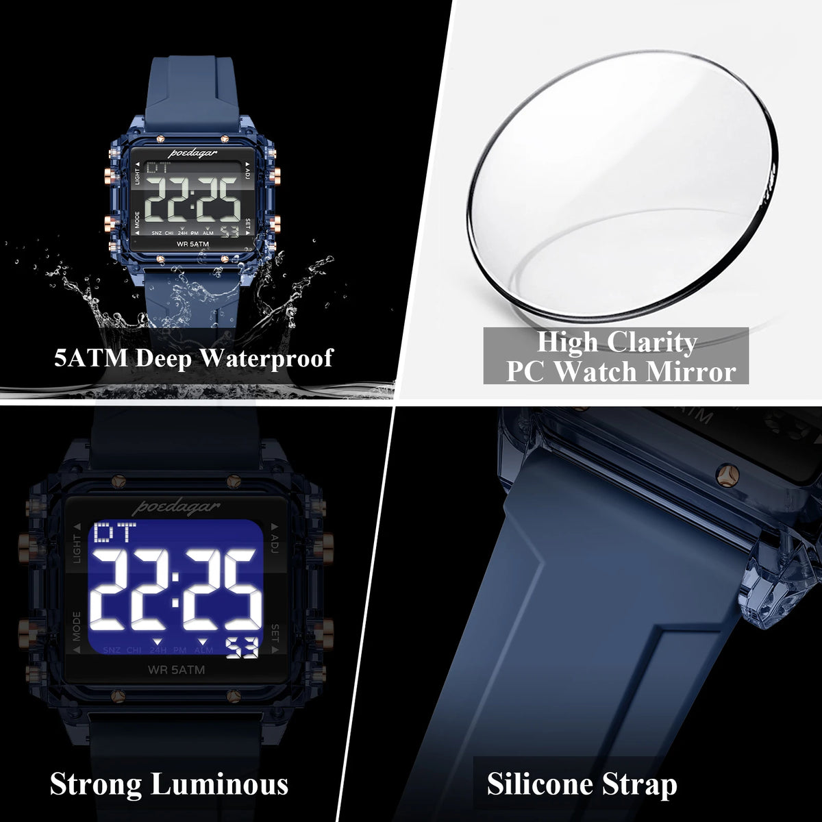 Poedagar E123 Men Digital Sports Watch LED Display 50M Waterproof Multifunction Electronic Wrist Watch