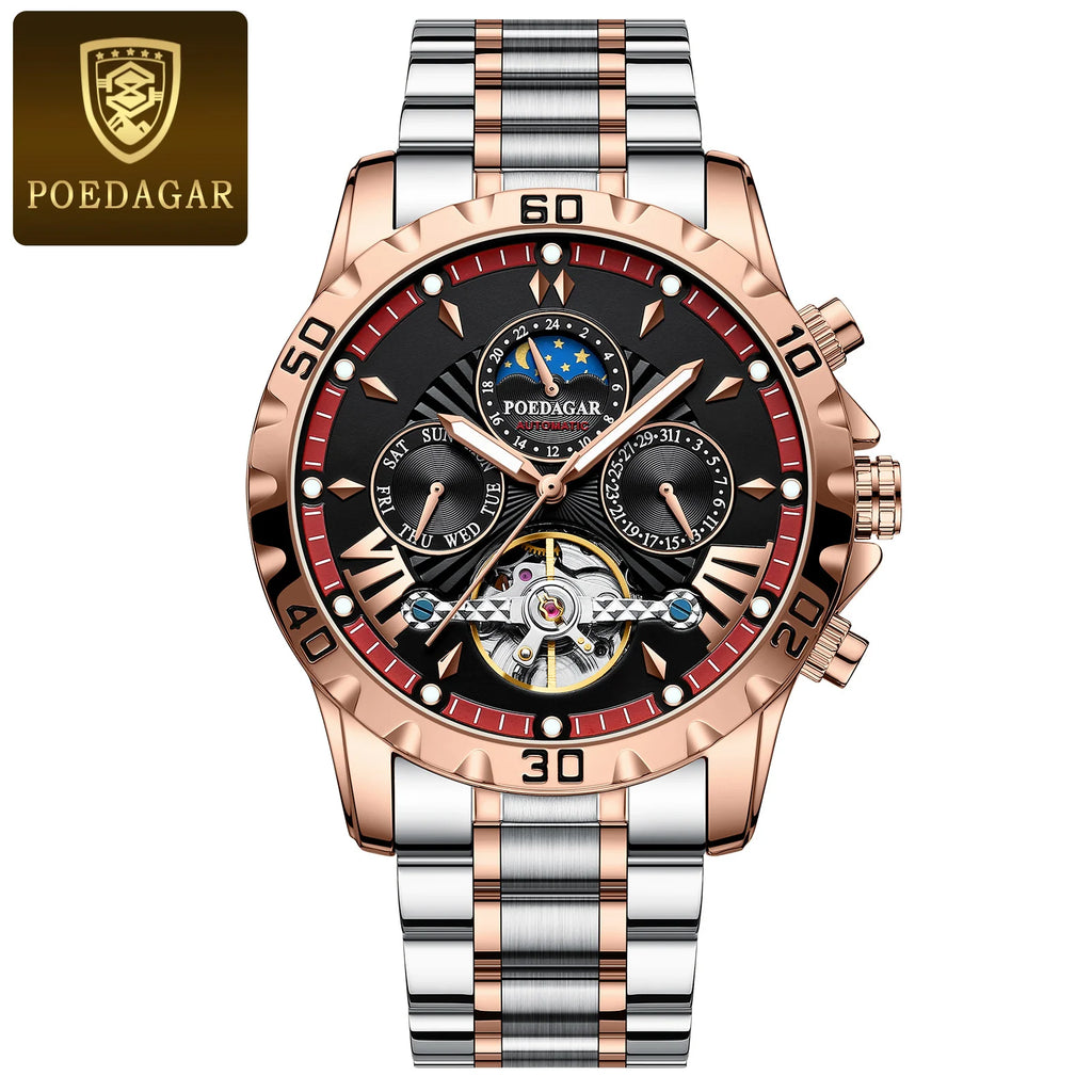 Poedagar 1410 Men's Luxury Hollow Tourbillon Automatic Men Watch Waterproof Luminous Stainless Steel Mechanical Watch