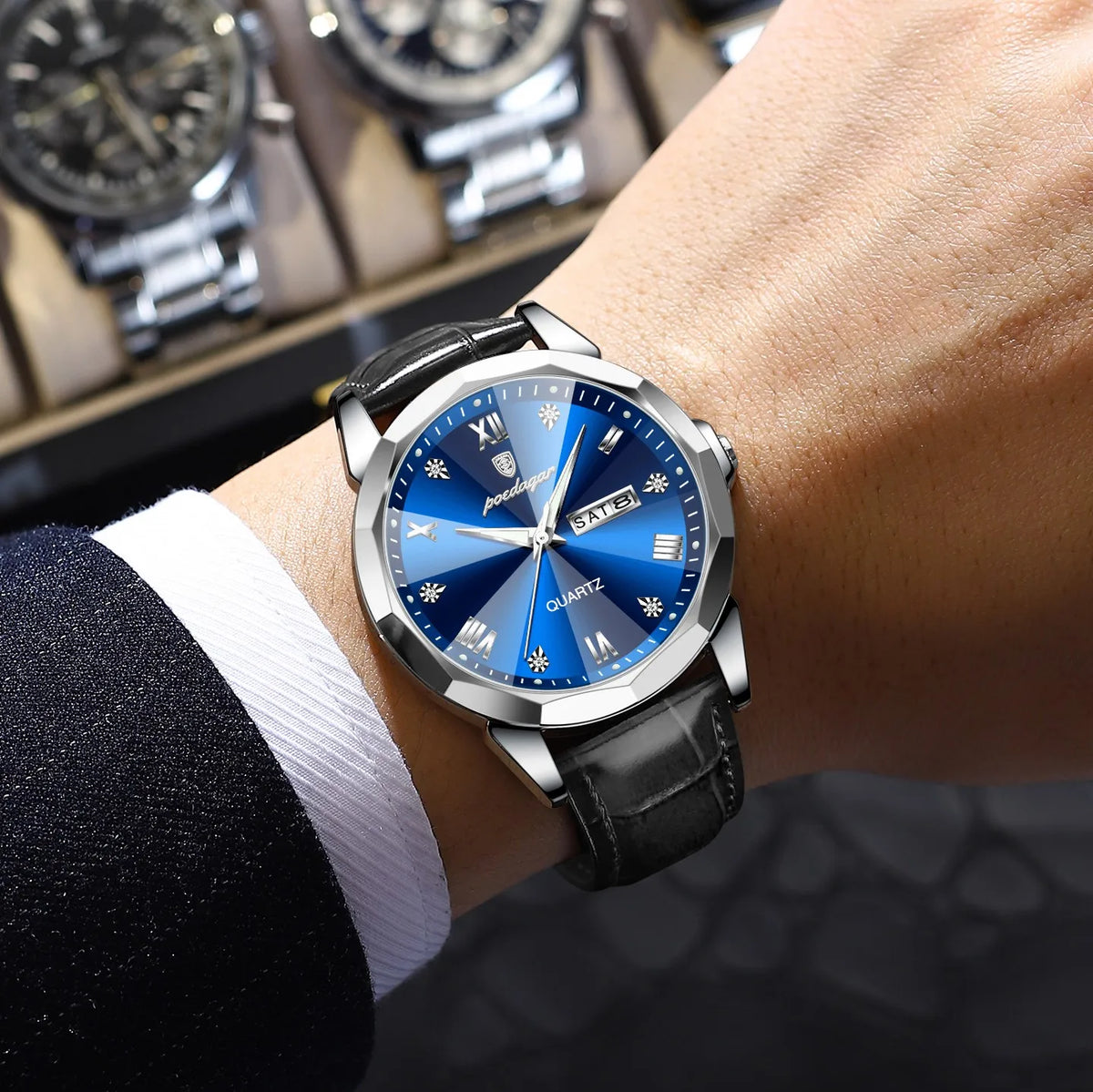 Poedagar 810 Luxury Mens Quartz Watch Waterproof Luminous Date Montre Business Lightweight Leather Strap Quartz Watches for Men