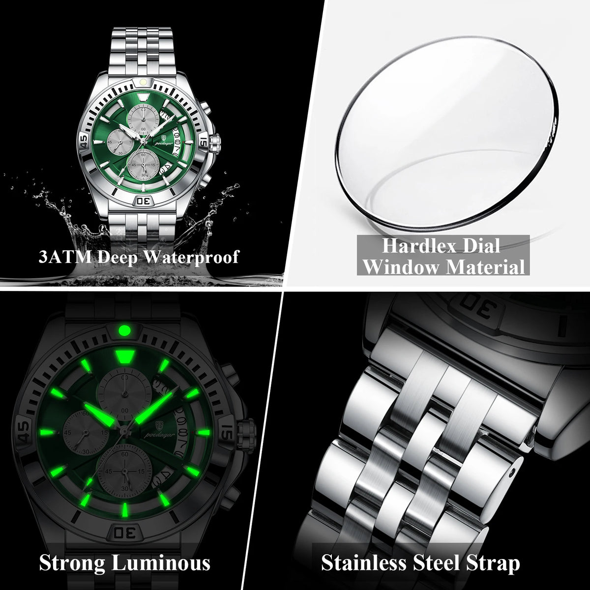 Poedagar 695 Men Quartz Watches Stainless Steel Waterproof Daily Wear Casual Luminous Chronograph Geometric Design Reloj Hombre