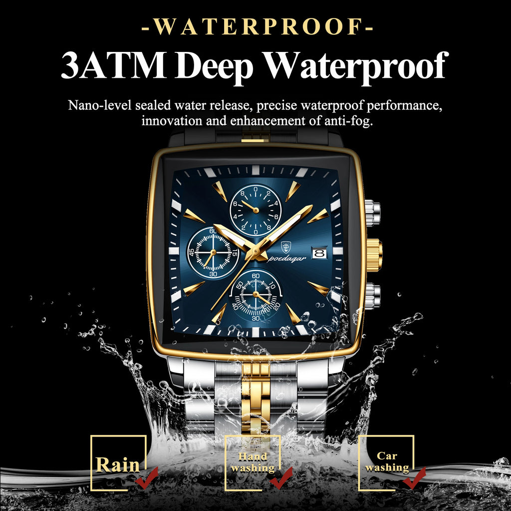 Poedagar 866 Luxury Men Watch Square Chronograph 3-Eye Dial Stainless Steel Band Luminous Waterproof Business Montre Wristwatch