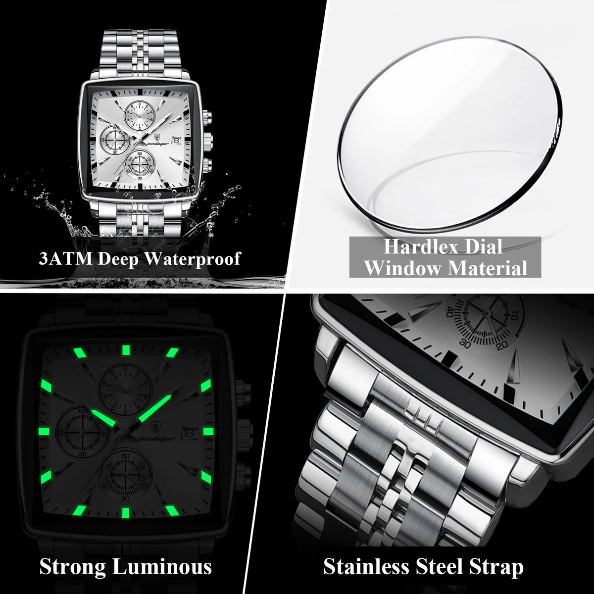 Poedagar 866 Men Watch Luxury Wholesale Square Chronograph Stainless Steel Luminous Waterproof Factory Direct Ready to Ship