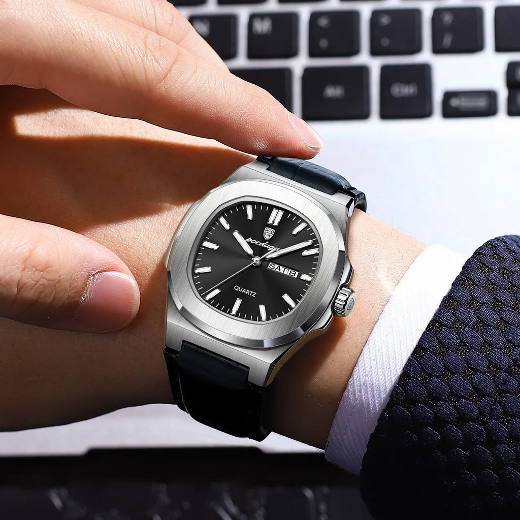 Poedagar 853 Men Watch Ready to Ship Leather Strap Dual Calendar Quartz Wristwatch Business Waterproof Watch Montre Homme