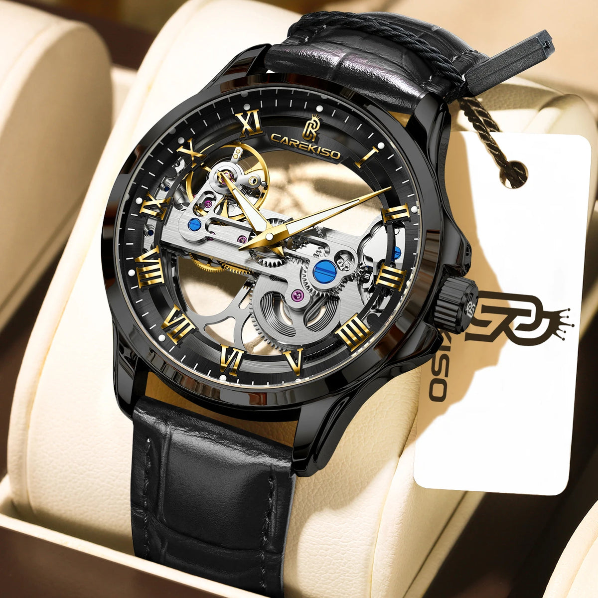CAREKISO C124 Men Automatic Mechanical Wristwatch Waterproof Luminous Business Watch with Genuine Leather Strap