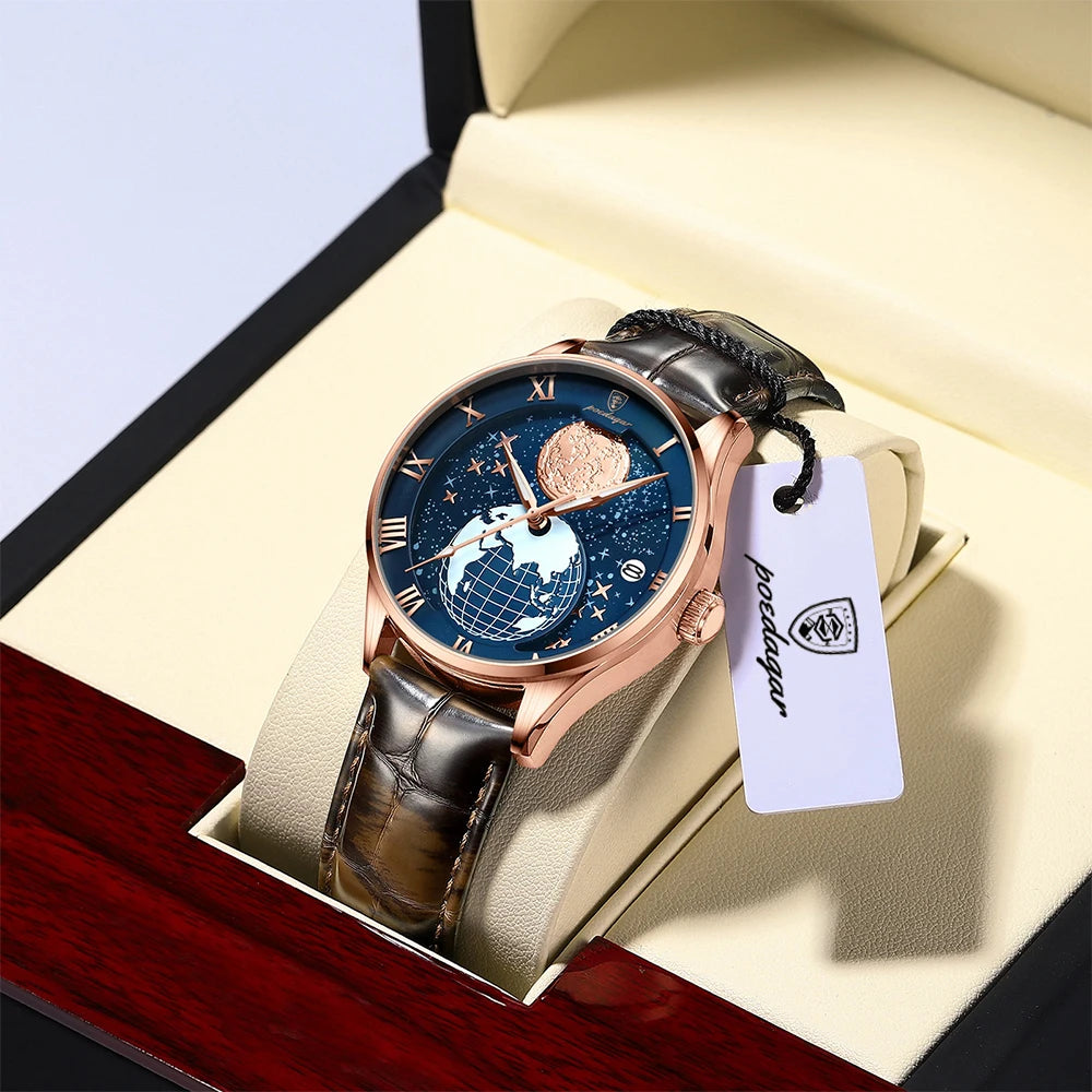 Poedagar Fashion Starry Sky Men Watch Wrist High Quality Waterproof Leather Quartz Watches Luminous Date Sport Watch for Men