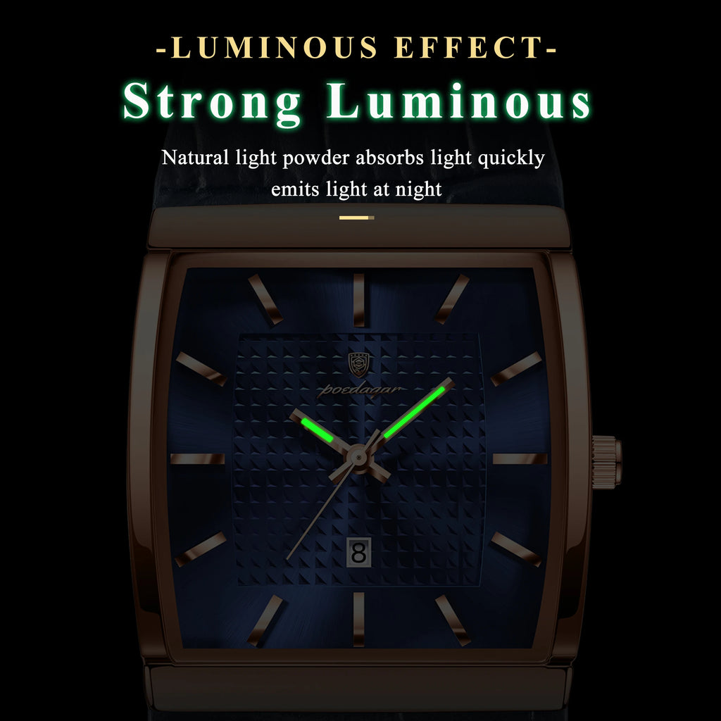 Poedagar 885 Men's Leather Quartz Watch Luminous Date Display Waterproof Luxury Fashion Watch Square Watch for Men