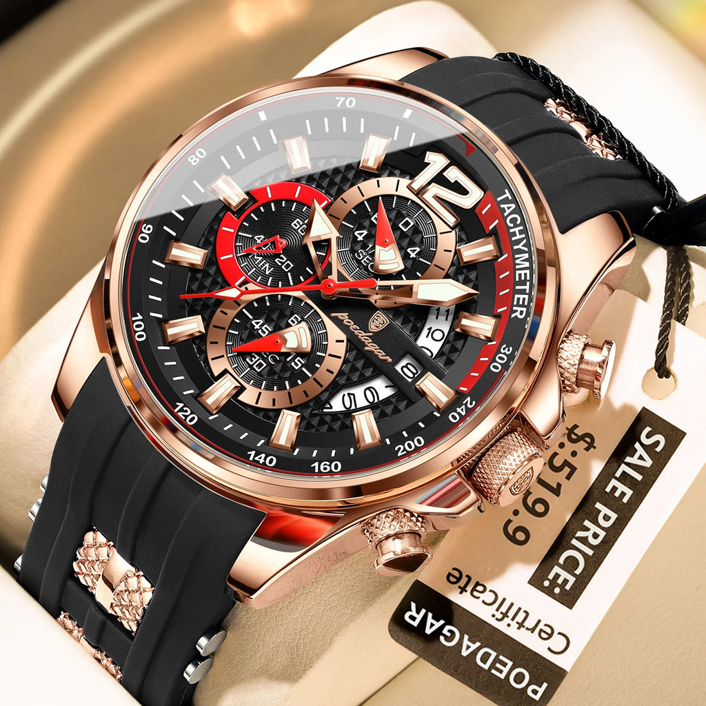 Poedagar 898 Men Sports Watch Chronograph Quartz Wristwatch Silicone Strap Trendy Reloj Luminous Waterproof Watch for Men