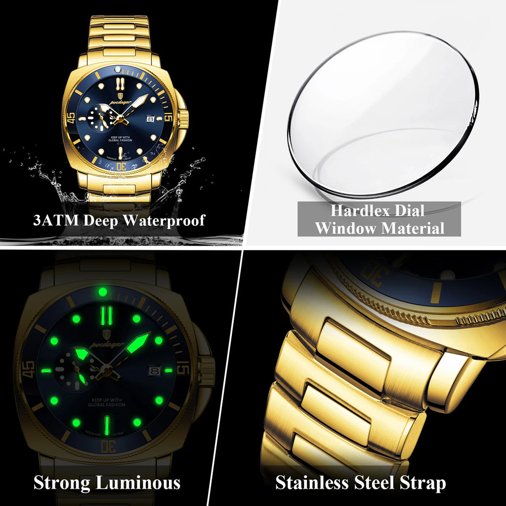 Poedagar 873 Luxury Men's Watch Cushion Case Sport Quartz Wristwatch Stainless Steel Luminous Waterproof Watch for Men Reloj