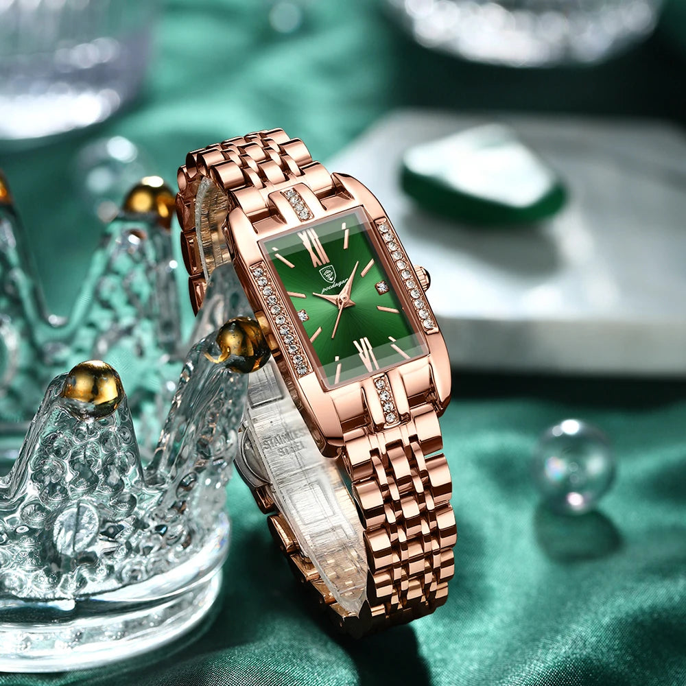 Poedagar Green square Watch for Women Luxury Stainless Steel Ladies Quartz Watches Waterproof Fashion Brand Ladies Watches Wrist