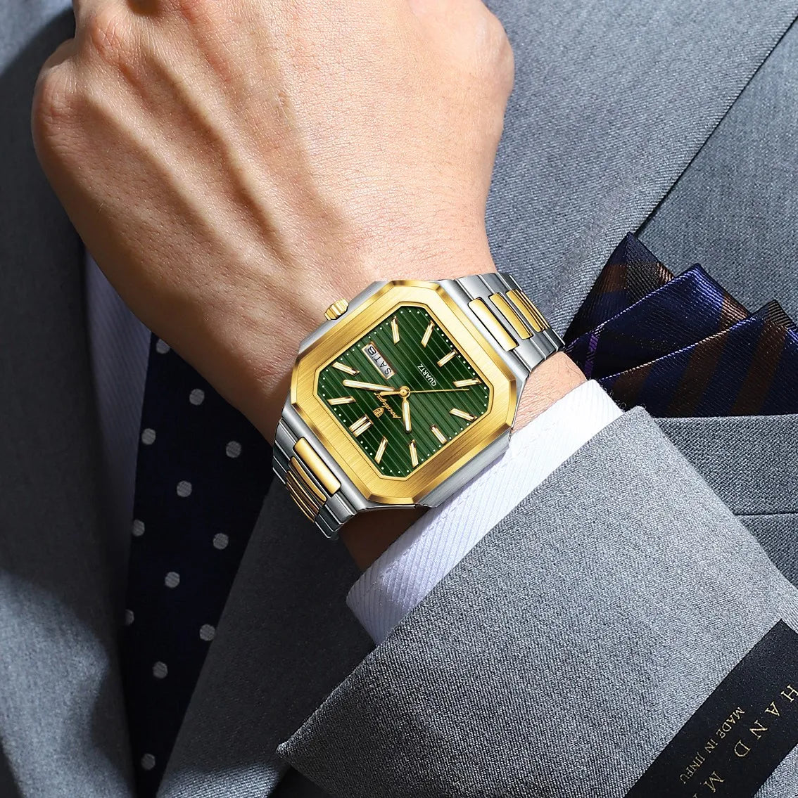 Poedagar 672 Men's Watch Luxury Square Case Stainless Steel Quartz Wristwatch Waterproof Luminous Date Business Watch for Men