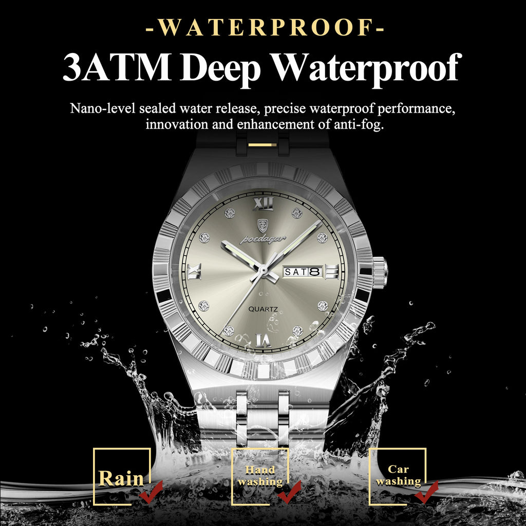 Poedagar 872 Luxury Men's Quartz Watches Business Week Date Waterproof Luminous Reloj Stainless Steel Casual Wristwatch for Men