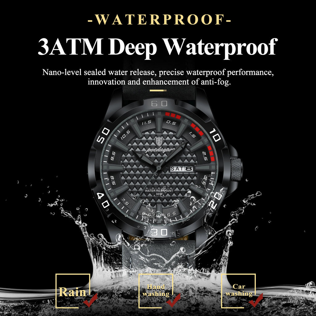 Poedagar 895 Sport Men Watch Geometric Dial Date Luminous Leather Strap Quartz Business Casual Waterproof Luxury Wristwatch