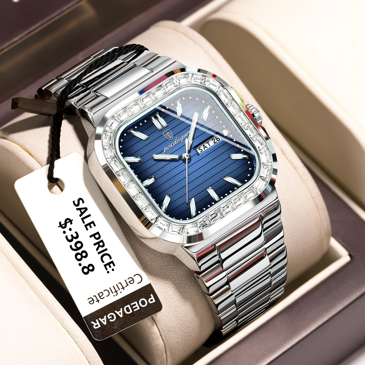 Poedagar New Arrival Waterproof Luxury Square Quartz Watch Luminous Stainless Steel Watch for Men